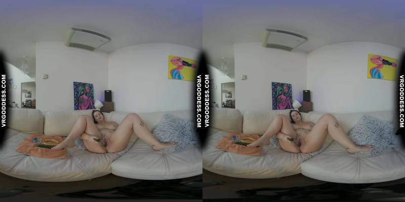 Big Boobed Vanessa Klein Masturbating With Bananas And Cucumbers On The White Casting Couch - Image 9